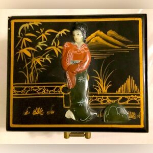 Vintage Small Asian black lacquer carved jade jewelry box